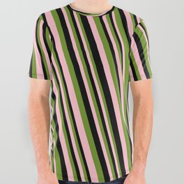 [ Thumbnail: Green, Pink, and Black Colored Striped Pattern All Over Graphic Tee ]