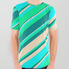 [ Thumbnail: Green, Dark Cyan, Bisque, and Aqua Colored Pattern of Stripes All Over Graphic Tee ]