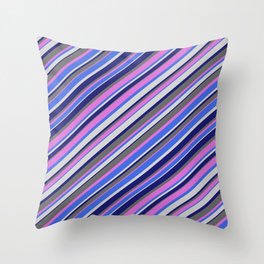 [ Thumbnail: Orchid, Royal Blue, Light Gray, Midnight Blue & Dim Gray Colored Lined Pattern Throw Pillow ]