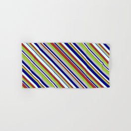 [ Thumbnail: Blue, Light Cyan, Brown, Green, and Grey Colored Striped Pattern Hand & Bath Towel ]