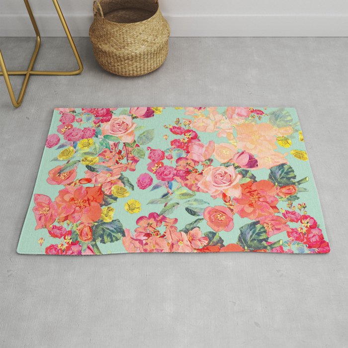 Antique Floral Print in Coral and Mint Tones Rug by The Artwerks Design ...