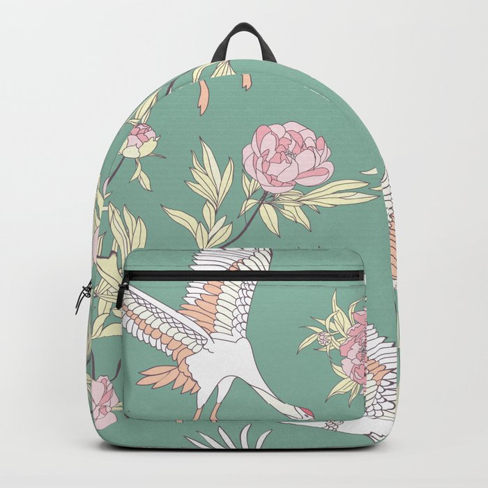 Japanese Ornate Heron Pattern Sage Blush I Backpack