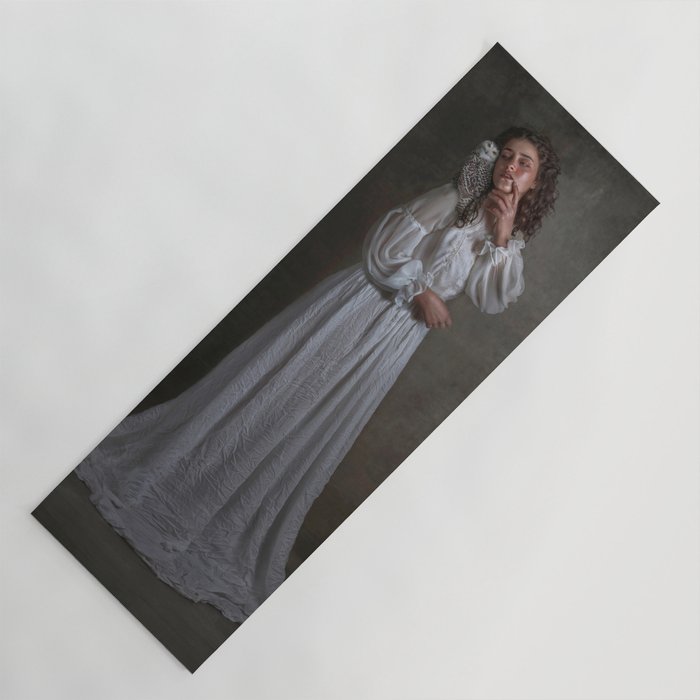 The haunting; young woman in pearl white Victorian gown with snowy owl perched on her shoulder female magical realism portrait photograph / photography Yoga Mat