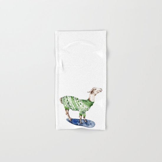 Llama in a Green Deer Sweater Hand & Bath Towel