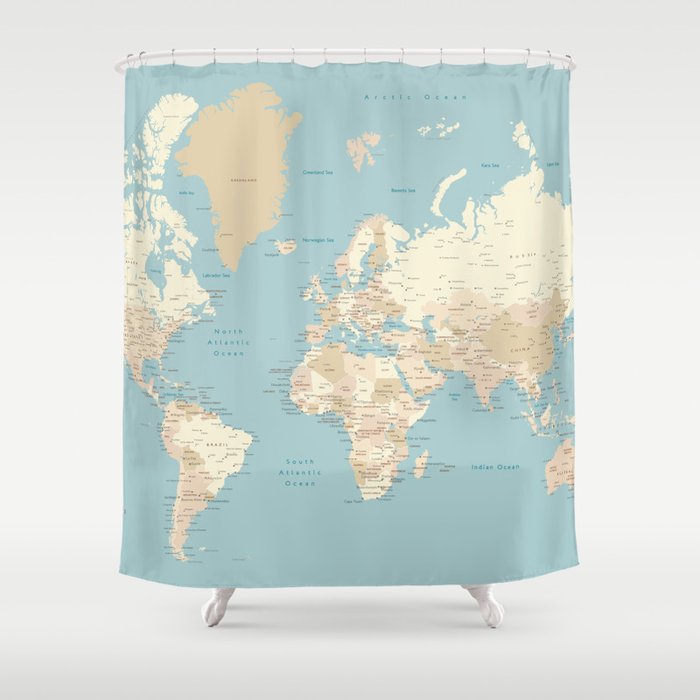 Cream Brown And Muted Teal World Map, Map Shower Curtain Teal