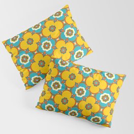 Large Retro Flowers Blue and Yellow 70s Psychedelic Pattern Pillow Sham
