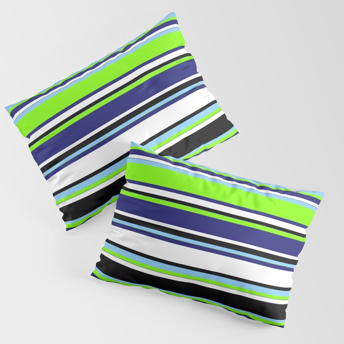 Colorful Light Sky Blue, Chartreuse, Midnight Blue, White & Black Colored Striped/Lined Pattern Pillow Sham