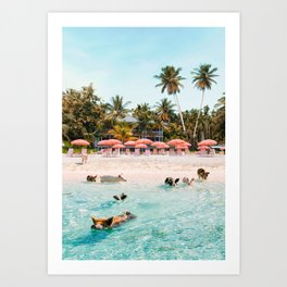 Pig Beach 2 Art Print | Blue, Swimming, Umbrellas, Palmtrees, Bahamas, Holiday, Island, Water, Sea, Curated 