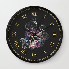 Colorful floral sugar skull with flowers and black raven Wall Clock