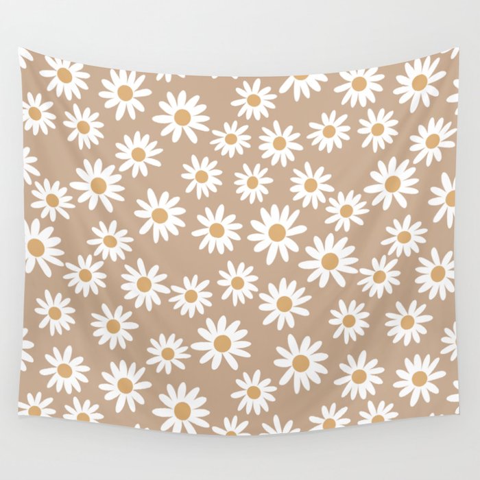 Daisies - daisy floral repeat, daisy flowers, 70s, retro, black, daisy florals camel brown Wall Tapestry