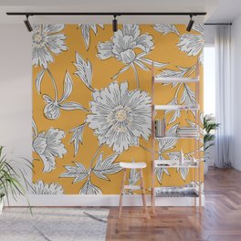 Hand drawn abstract garden flowers. Contour drawing. Large daisy heads in bloom. Summer floral seamless pattern. Line art flowers. Detailed outline sketch drawing. Wall Mural