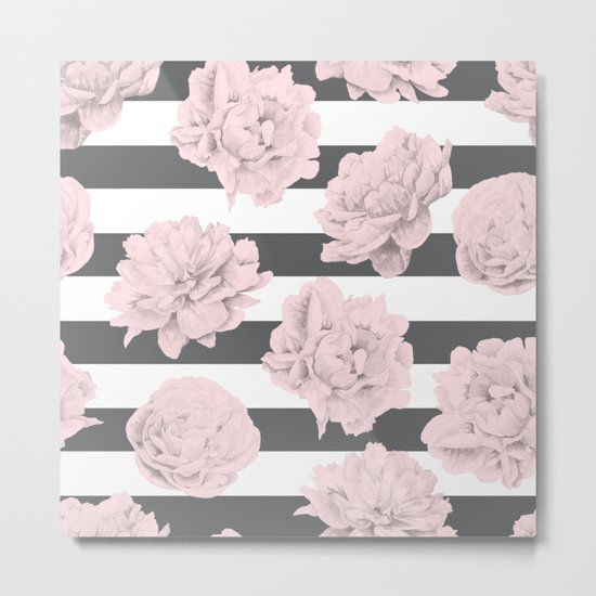 Rose Garden Stripes Pink Flamingo on Storm Gray and White Metal Print