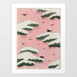 Vintage Pink Sky And Cloud Illustration Art Print