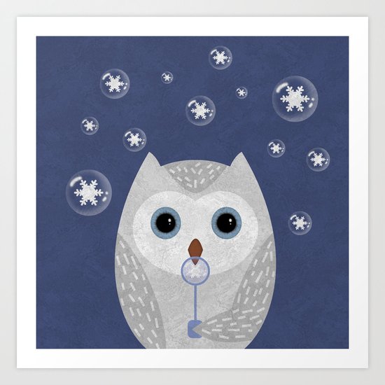 Christmas Owl Blue Marble Art Print