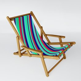 [ Thumbnail: Turquoise, Green, Crimson & Blue Colored Lines Pattern Sling Chair ]