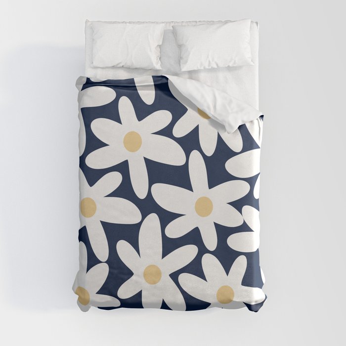 Daisy Time Floral Pattern Navy Blue White Yellow-Beige  Duvet Cover