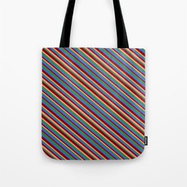 [ Thumbnail: Dark Red, Light Salmon, Sea Green & Royal Blue Colored Lined Pattern Tote Bag ]