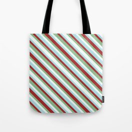 [ Thumbnail: Mint Cream, Powder Blue, Brown, and Dark Sea Green Colored Striped Pattern Tote Bag ]