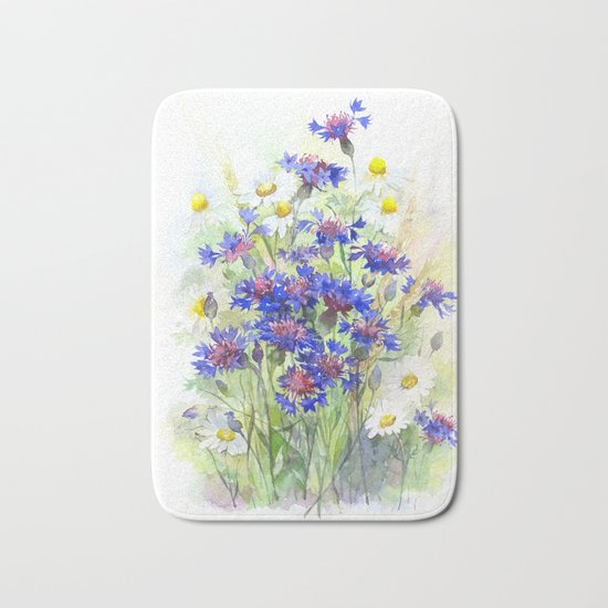 Meadow watercolor flowers with cornflowers Bath Mat