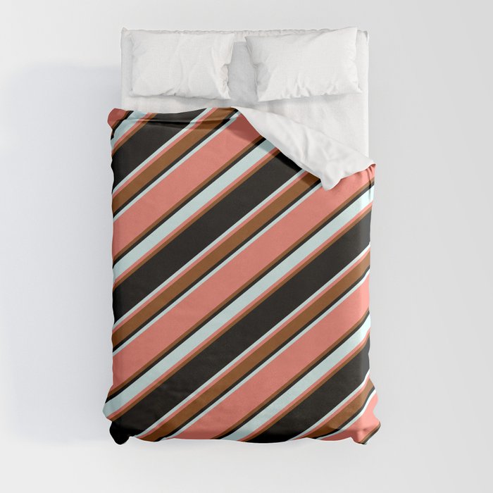 Salmon, Brown, Black & Light Cyan Colored Pattern of Stripes Duvet Cover
