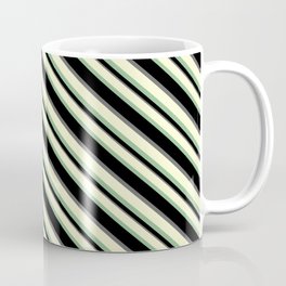 [ Thumbnail: Light Yellow, Dark Sea Green, Black, and Dim Gray Colored Striped Pattern Coffee Mug ]