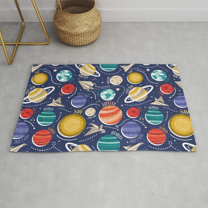Paper space adventure I // navy blue background multicoloured solar system paper cut planets origami paper spaceships and rockets  Rug