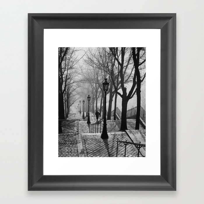 Sacre Coeur, Montmartre, Paris, France Stairs black and white photograph / black and white photography Framed Art Print