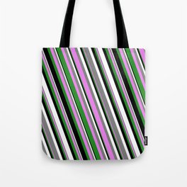 [ Thumbnail: Colorful Gray, Violet, Forest Green, Black & White Colored Striped Pattern Tote Bag ]