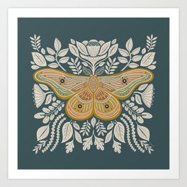 Moth Floral | Gold, Blue-Green Art Print