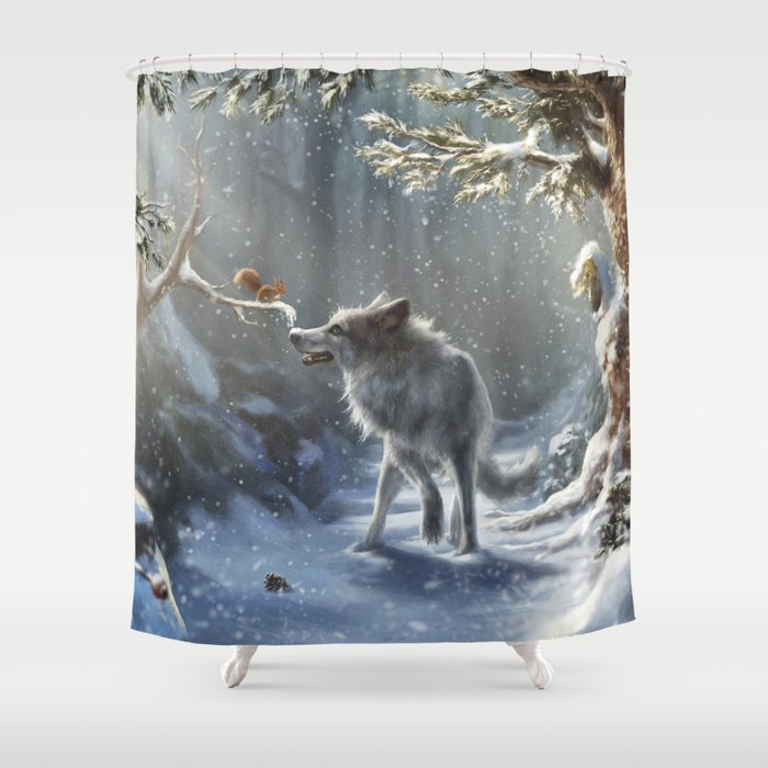 Friends: Wolf & Squirrel in Winter Shower Curtain