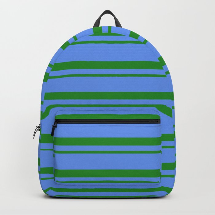 Forest Green & Cornflower Blue Colored Lined Pattern Backpack