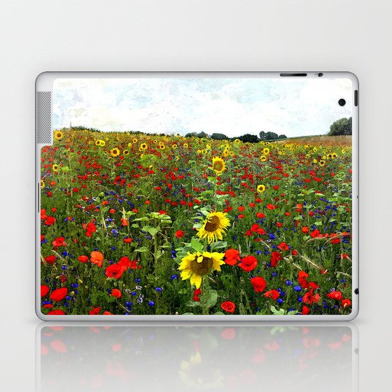 Field of Sunflowers, Bluebonnets, & Red Poppy floral portrait painting by J. Ferro & M. Bruggen  Laptop & iPad Skin