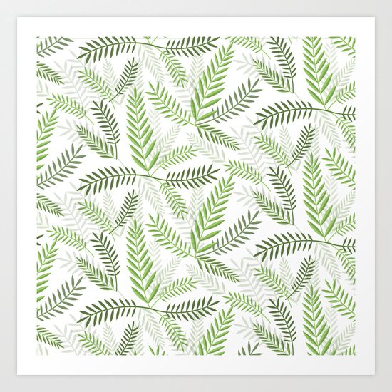 GREEN LEAVES ON WHITE Art Print