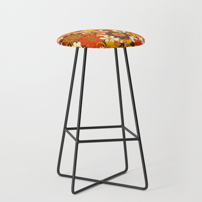 Retro 70s Flower Power, Floral, Orange Brown Yellow Psychedelic Pattern Bar Stool