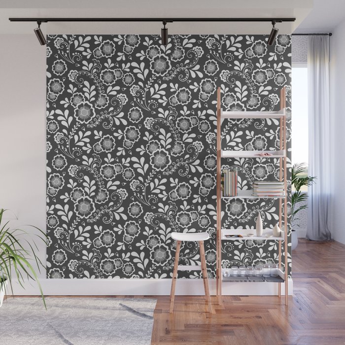 Dark Grey And White Eastern Floral Pattern Wall Mural