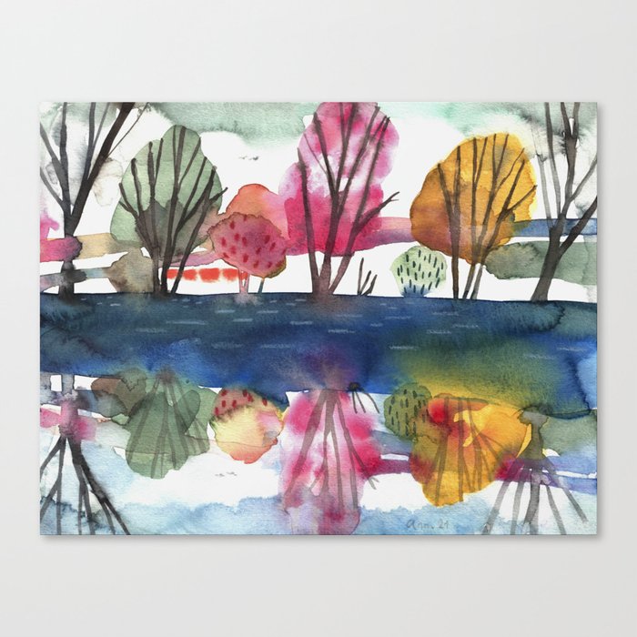 River Landscape Watercolor Painting Canvas Print
