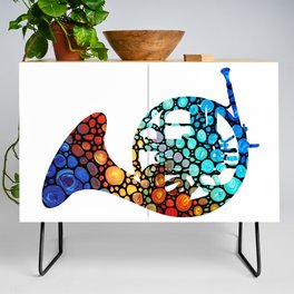 Colorful Mosaic French Horn Musical Instrument Art Credenza