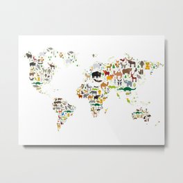 Cartoon animal world map for children and kids, Animals from all over the world on white background Metal Print