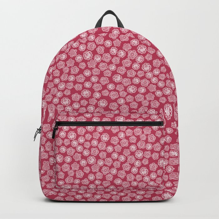 Small lace flowers white on dark pink Backpack