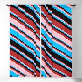 [ Thumbnail: Red, Pink, Deep Sky Blue, and Black Colored Stripes/Lines Pattern Blackout Curtain ]