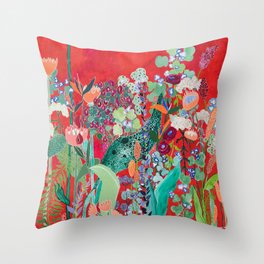 Floral Jungle on Red with Proteas, Eucalyptus and Birds of Paradise Throw Pillow