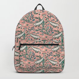 Narwhal Toile - peach pink Backpack | Seashells, Cute, Curated, Narwhals, Mintgreen, Illustration, Unicornsofthesea, Seaweed, Animal, Micklyn 