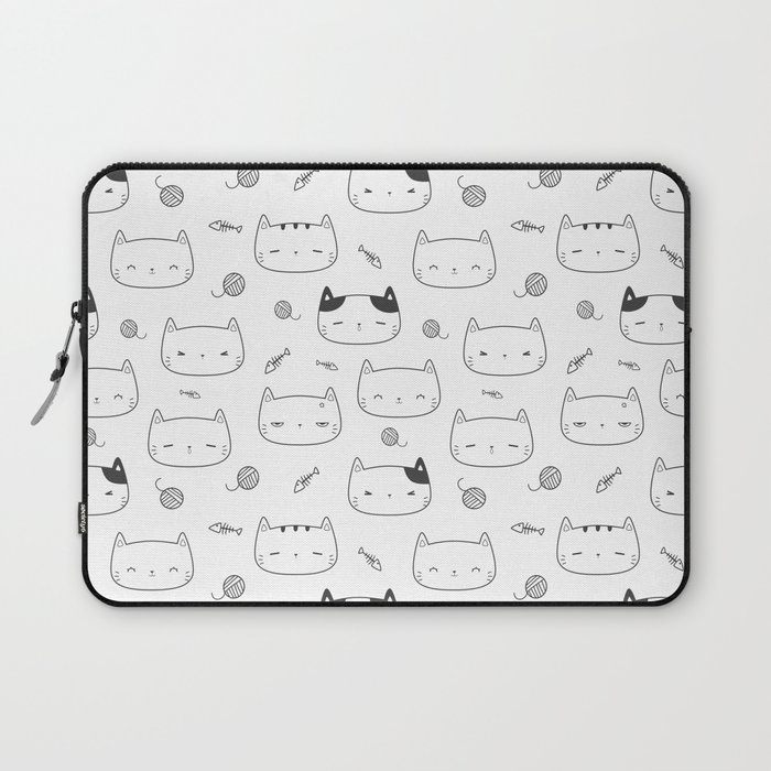 Dark Grey Doodle Kitten Faces Pattern Laptop Sleeve