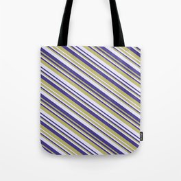 [ Thumbnail: Dark Slate Blue, Dark Khaki & Lavender Colored Striped Pattern Tote Bag ]