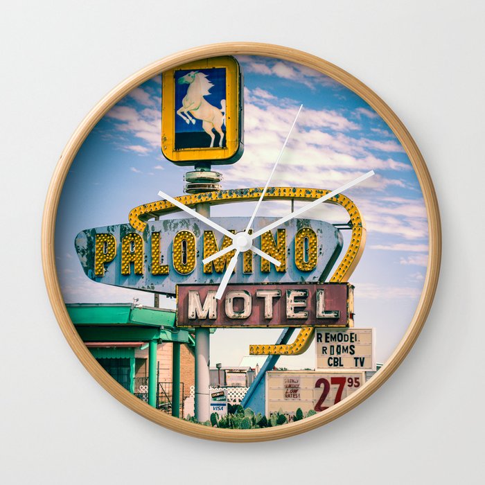 Vintage Palomino Motel Neon Sign in Tucumcari Wall Clock