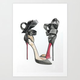 Red Sole Black Bow D'Orsay Pump Watercolor Art Print