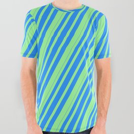[ Thumbnail: Green & Blue Colored Lines Pattern All Over Graphic Tee ]