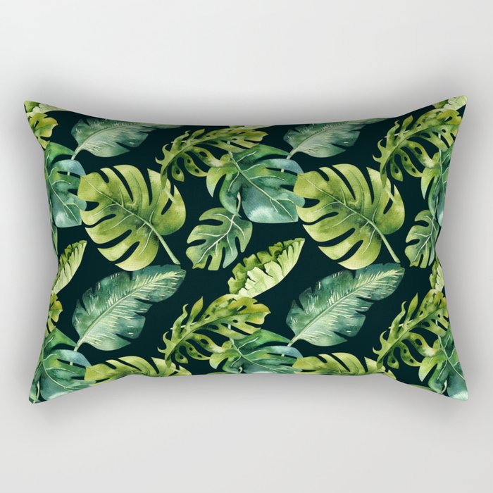 Watercolor Botanical Green Monstera Lush Tropical Palm Leaves Pattern on Solid Black Rectangular Pillow