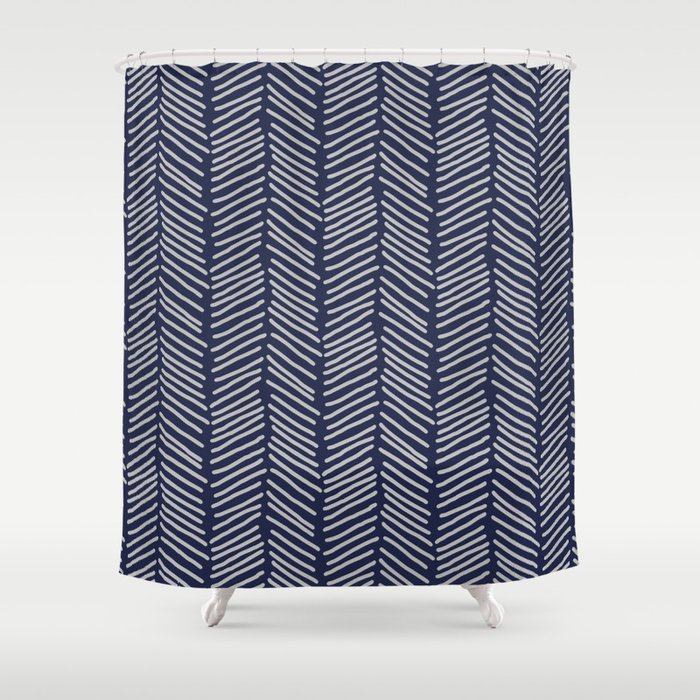 Herringbone Dashes Geometric Arrows Pattern in Navy Indigo Blue Shower Curtain