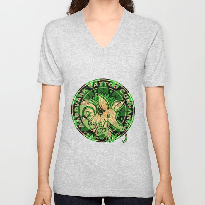 Leafy Green Aardvark Tattoo Company Logo V Neck T Shirt